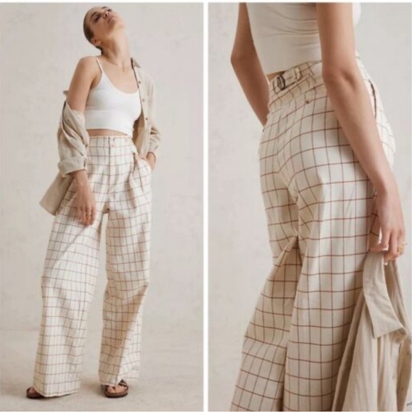 Anthropologie Pants - VGUC Anthropologie linen blend wide leg high waist woven window pane trouser.
